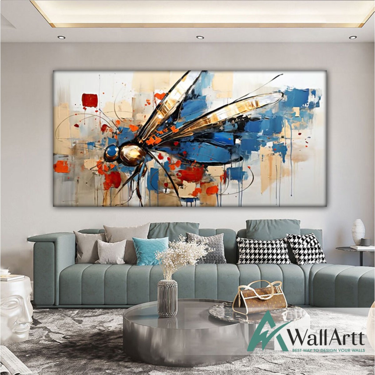 Abstract Blue Dragonfly 3d Heavy Textured Partial Oil Painting